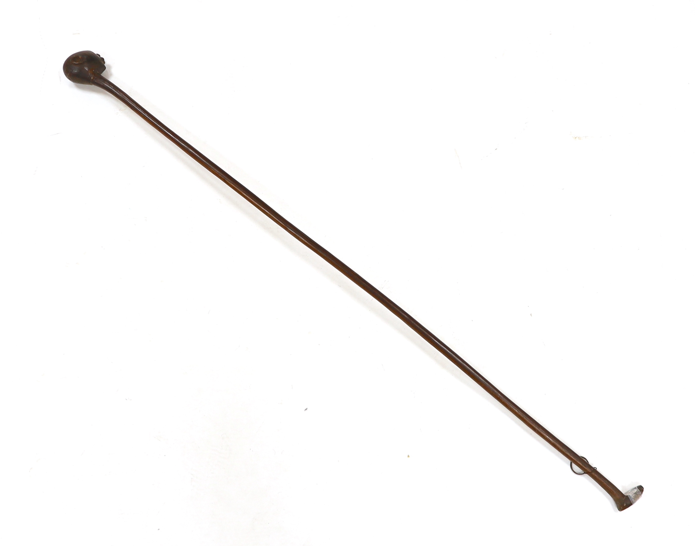 An African carved ebony walking stick, Gogo tribe, Tanzania, with inset eyes, 128cm (damage to foot)